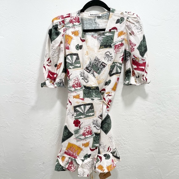 Reformation Carmelo Mini Wrap Dress Vacaciones - Picture 2 of 5